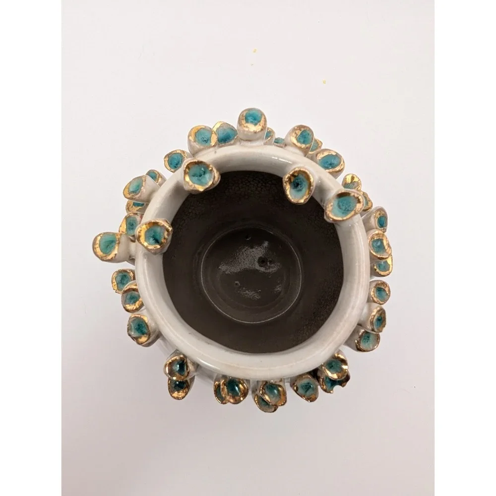 Anemone Bud Vase Small Barnacle Vase, Teal & Gold 4.5 inch